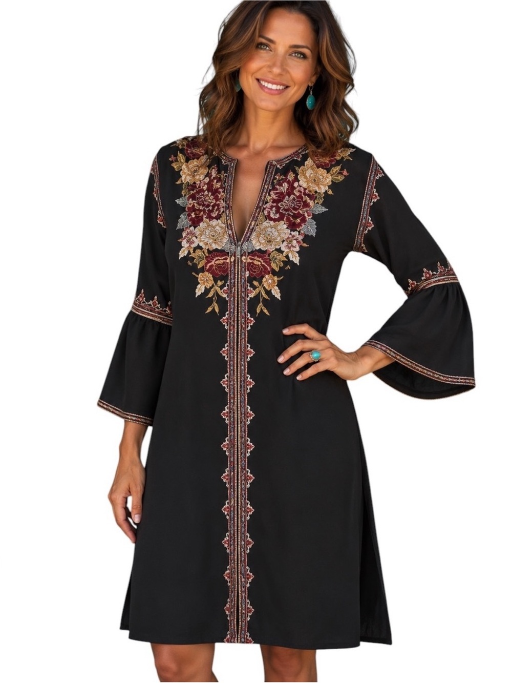 Johnny Was heavily embroidered silk Artemis dress NWT